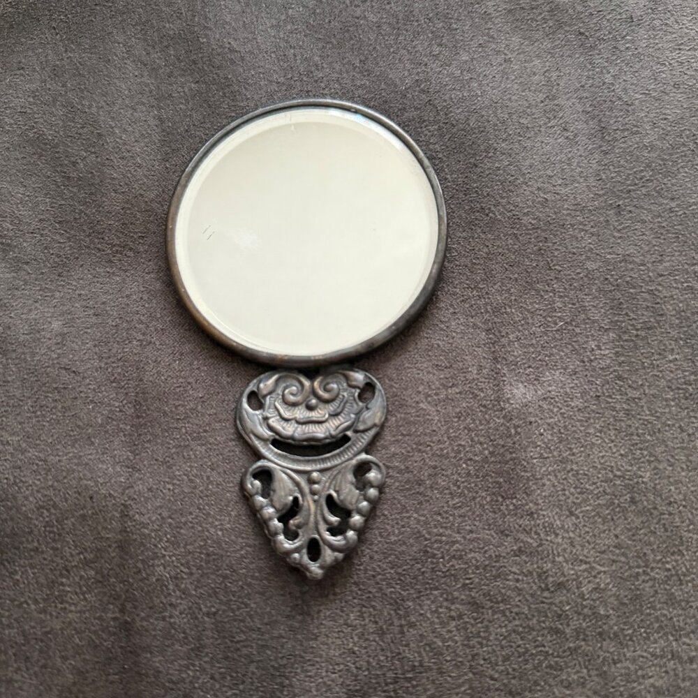 Vintage Denmark Hand Mirror With Embossed Farm Scene Design & Ornate Handle - Picture 2 of 4